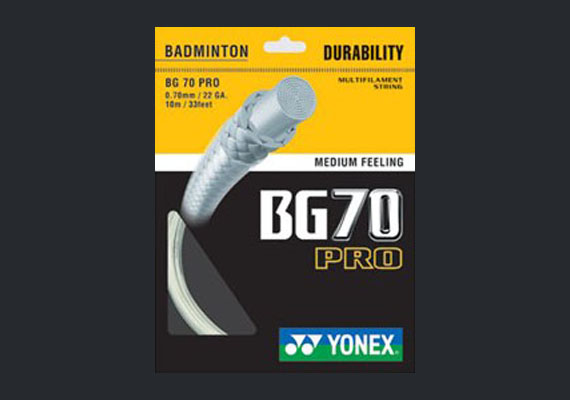 Yonex BG70 Pro - Made of an oval shaped braided fiber construction and provides superior tension-holding properties while providing a solid feel. Designed for hard hitters who want durability and tension retention. Price includes string and labor.